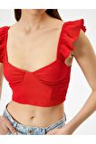 Fırfırlı Crop Bluz Arkası Bağlamalı Kolsuz Kalp Yaka Slim Fit