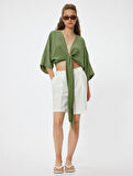 Crop Üst V Yaka Bağlama Detaylı Oversize Kimono Kol