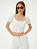 Balon Kol Crop Bluz Dantel Detaylı Düğmeli U Yaka Krinkıl Kumaş
