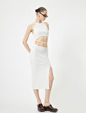 Halter Yaka Elbise Midi Pencere Detaylı Önden Yırtmaçlı Slim Fit
