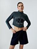 Kolej Crop Sweatshirt Fermuarlı Dik Yaka Baskılı