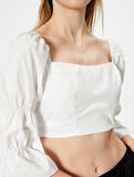 Crop Fırfırlı Bluz Kalp Yaka Uzun Geniş Kollu Slim Fit