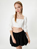 Crop Fırfırlı Bluz Kalp Yaka Uzun Geniş Kollu Slim Fit