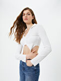 Crop Bluz Asimetrik Kesim Dokulu Slim Fit Uzun Kollu Gömlek Yaka 