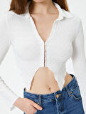 Crop Bluz Asimetrik Kesim Dokulu Slim Fit Uzun Kollu Gömlek Yaka 