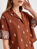 Crop Gömlek Etnik Desenli Kısa Kollu Düğmeli