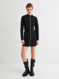 Fermuarlı Mini Elbise Uzun Kollu Dik Yaka Slim Fit Cep Detaylı