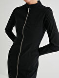 Fermuarlı Mini Elbise Uzun Kollu Dik Yaka Slim Fit Cep Detaylı
