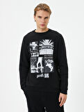 Bisiklet Yaka Sweatshirt Slogan Baskılı Uzun Kollu