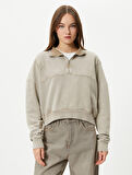 Crop Yarım Fermuarlı Sweatshirt Dik Yaka Soluk Efektli Pamuk Karışımlı