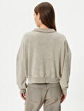 Crop Yarım Fermuarlı Sweatshirt Dik Yaka Soluk Efektli Pamuk Karışımlı