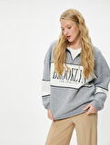 Kolej Oversize Yarım Fermuarlı Sweatshirt Dik Yaka Renk Kontrastlı 
