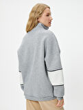 Kolej Oversize Yarım Fermuarlı Sweatshirt Dik Yaka Renk Kontrastlı 