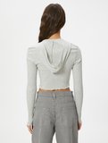 Crop Kapüşonlu Hırka Fermuarlı Uzun Kollu Slim Fit Kaşkorse