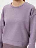 Basic Spor Crop Sweatshirt Rahat Kalıp Pamuklu Bisiklet Yaka Uzun Kollu