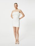 Mini Straplez Elbise Bridal Otriş Tüy Detaylı Slim Fit Astarlı
