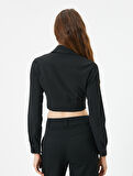 Crop Bluz Fermuarlı Slim Fit Dikiş Detaylı Uzun Kollu