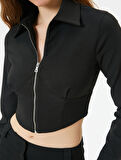 Crop Bluz Fermuarlı Slim Fit Dikiş Detaylı Uzun Kollu