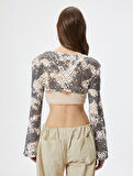 Ajurlu Crop Bolero Tişört Uzun Geniş Kollu Batik Desenli 