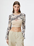Ajurlu Crop Bolero Tişört Uzun Geniş Kollu Batik Desenli 