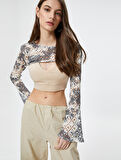 Ajurlu Crop Bolero Tişört Uzun Geniş Kollu Batik Desenli 