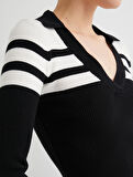 Polo Yaka Çizgili Crop Triko Kazak Uzun Kollu Dar Kalıp