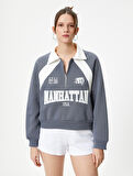 Polo Yaka Sweatshirt Yarım Fermuarlı Renk Bloklu Aplike ve İşleme Detaylı