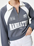 Polo Yaka Sweatshirt Yarım Fermuarlı Renk Bloklu Aplike ve İşleme Detaylı