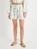 Mini Şort Beli Bağcıklı Çiçekli Cepli