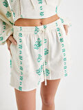 Mini Şort Beli Bağcıklı Çiçekli Cepli