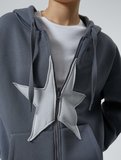 Fermuarlı Kapşonlu Oversize Sweatshirt  Yıldız Aplike Detaylı Cepli Uzun Kollu