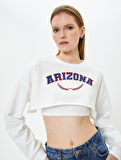 Crop Sweatshirt Baskılı Bisiklet Yaka Uzun Kollu