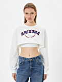 Crop Sweatshirt Baskılı Bisiklet Yaka Uzun Kollu