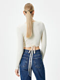 Kruvaze Crop Bluz Bağlamalı V Yaka Uzun Kollu Ribanalı