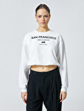 Crop Sweatshirt Baskılı Bisiklet Yaka Pamuklu