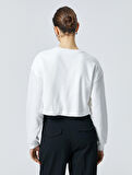 Crop Sweatshirt Baskılı Bisiklet Yaka Pamuklu