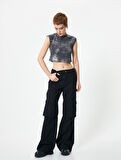 Kolsuz Crop Tişört Degrade Metalik Varak Baskılı Slim Fit Pamuklu