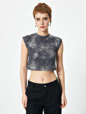 Kolsuz Crop Tişört Degrade Metalik Varak Baskılı Slim Fit Pamuklu