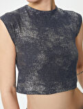 Kolsuz Crop Tişört Degrade Metalik Varak Baskılı Slim Fit Pamuklu