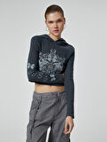 Crop Kapşonlu Sweatshirt Baskılı Uzun Kollu Soluk Efektli Pamuklu
