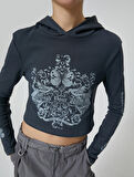 Crop Kapşonlu Sweatshirt Baskılı Uzun Kollu Soluk Efektli Pamuklu