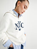 Yarım Fermuarlı Oversize Sweatshirt Kolej Temalı Dik Yaka