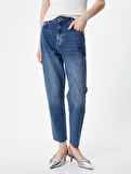 Mom Fit Kot Pantolon Standart Bel Cepli Pamuklu - Mom Jean
