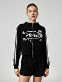 Fermuarlı Sweatshirt Crop Dik Yaka Çizgili Baskılı 