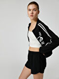 Fermuarlı Sweatshirt Crop Dik Yaka Çizgili Baskılı 