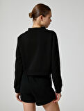Fermuarlı Sweatshirt Crop Dik Yaka Çizgili Baskılı 