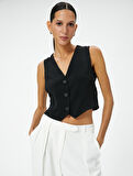 Crop Yelek Bluz İnce Aerobin Kumaş V Yaka Düğmeli