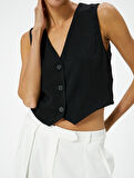Crop Yelek Bluz İnce Aerobin Kumaş V Yaka Düğmeli