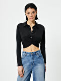 Crop Gömlek Slim Fit Bağlama Detaylı Klasik Yaka