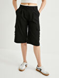 Bermuda Şort Kargo Cepli Çift Bel Detaylı Düz Bol Paça Standart Bel